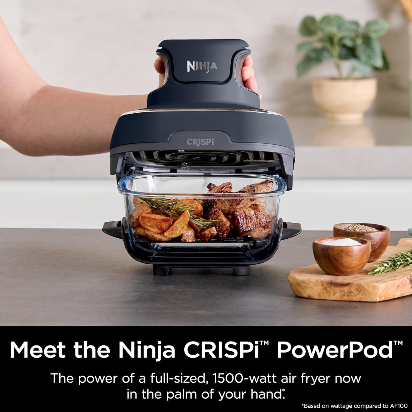 Portable Glass Air Fryer Cooking System, 1500W, 4QT & 6-Cup TempWare Glass Containers with Storage Lids, Microwave, Freezer & Dishwasher Safe, Cyberspace Gray