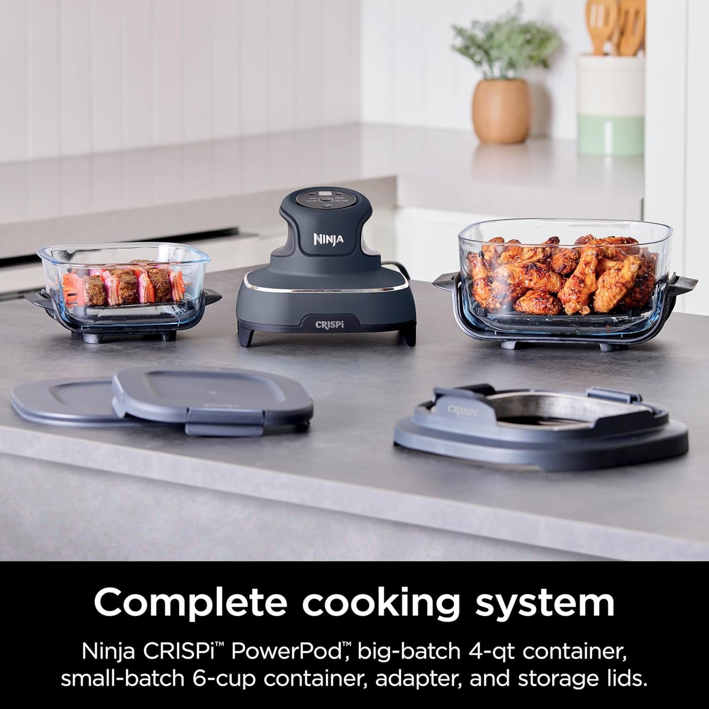 Portable Glass Air Fryer Cooking System, 1500W, 4QT & 6-Cup TempWare Glass Containers with Storage Lids, Microwave, Freezer & Dishwasher Safe, Cyberspace Gray