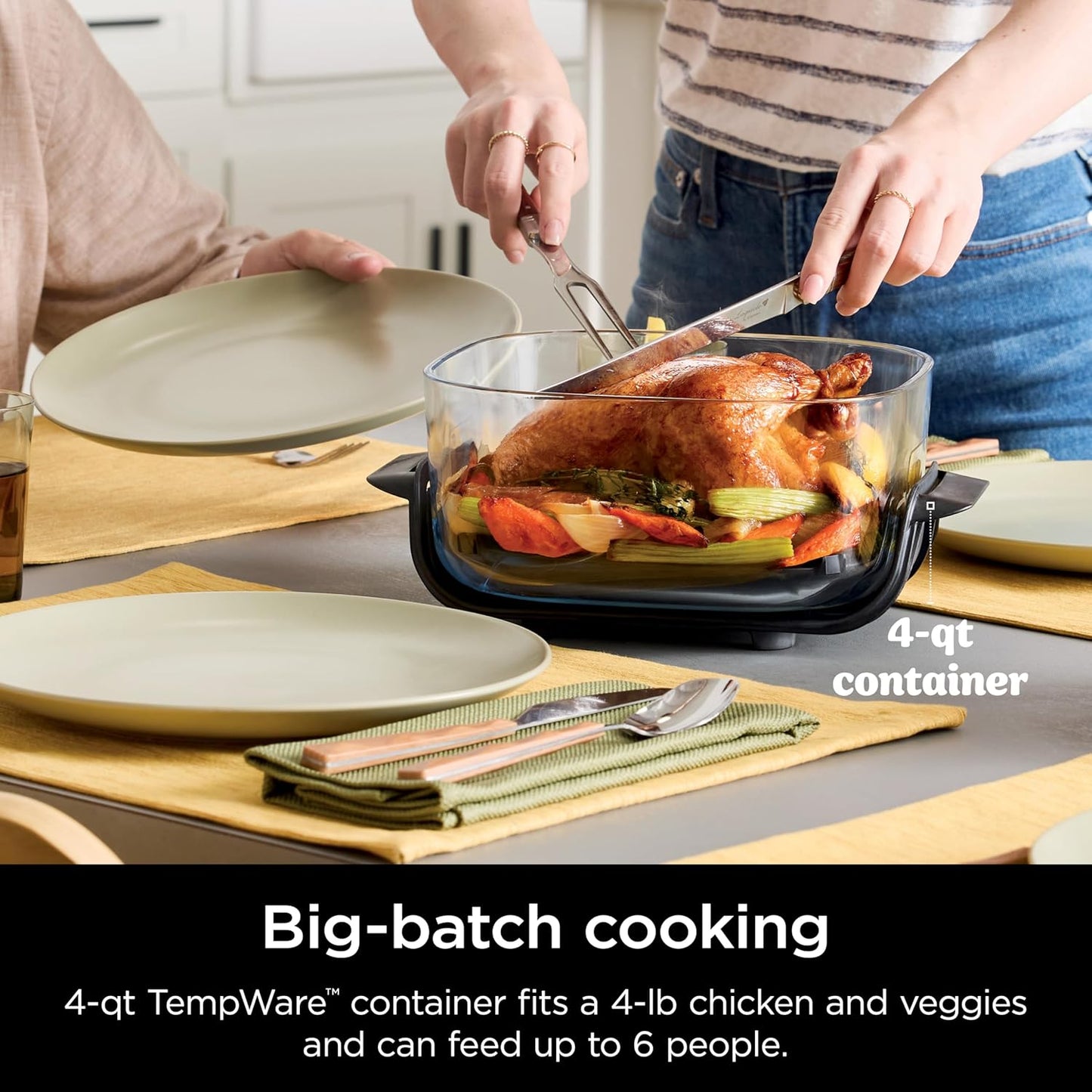Portable Glass Air Fryer Cooking System, 1500W, 4QT & 6-Cup TempWare Glass Containers with Storage Lids, Microwave, Freezer & Dishwasher Safe, Cyberspace Gray
